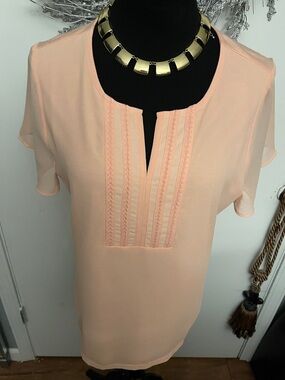 Talbots Peach Pintuck Split-Neck Short Sleeve Blouse